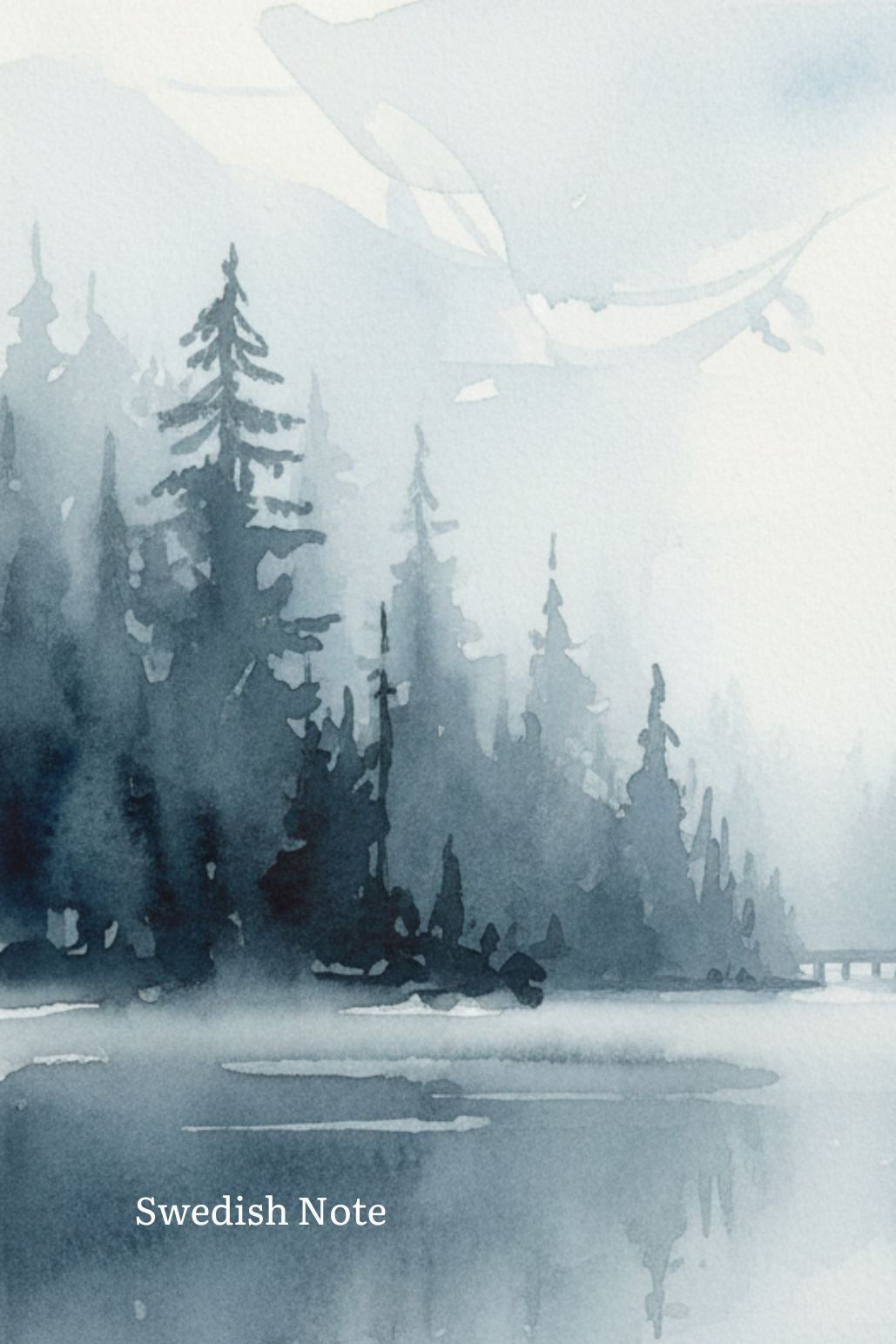 Watercolor painting of a forest with a lake and mountains, featuring the text 'Bedtime Story' and 'Swedish Note'.