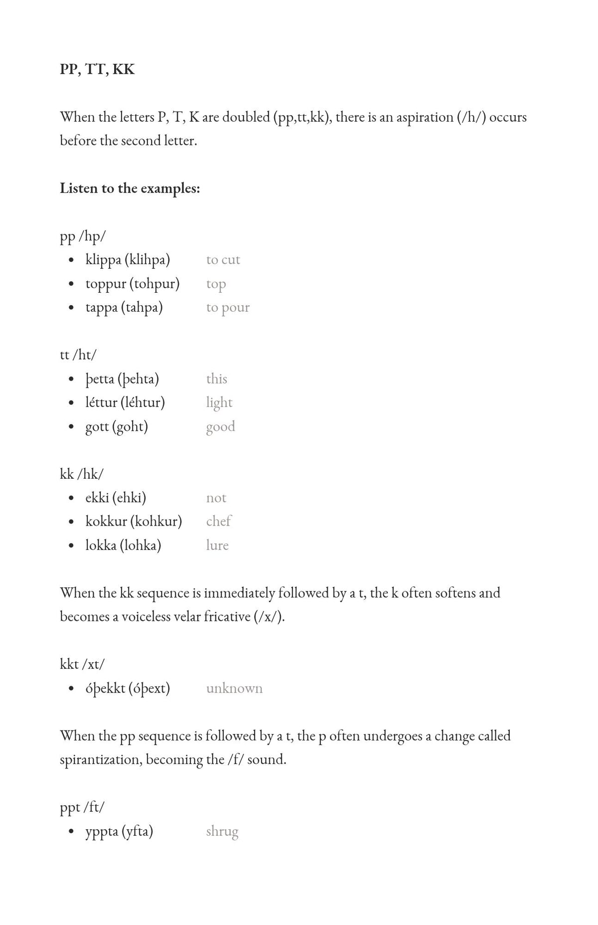 A page of printed educational text explaining double letters and aspirations in Icelandic phonics, with examples such as pp/hp/, tt/kt/, and kk/ks/.