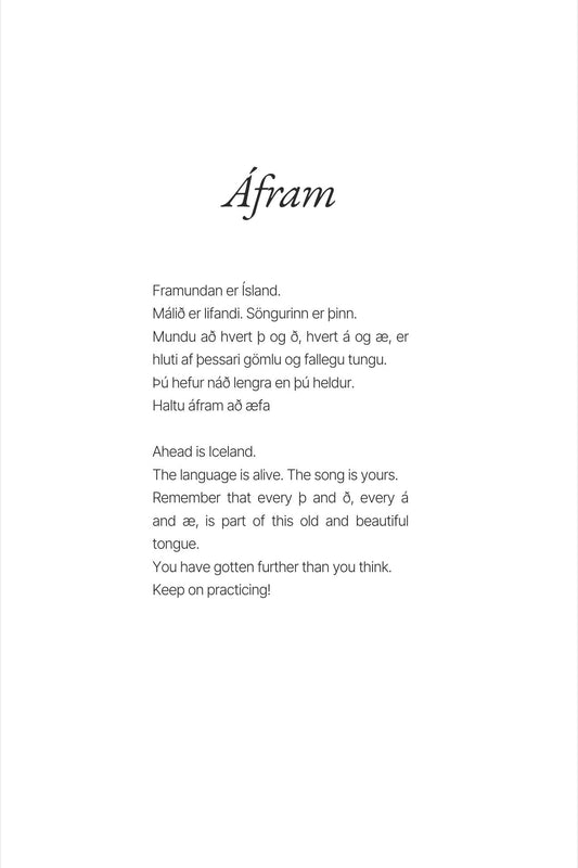 Text on a white background with 'Áfram' at the top