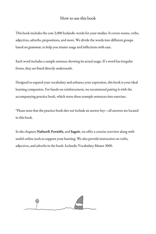 A printed informational page titled 'How to use this book' with paragraphs of black text on a white page and a small line-drawing at the bottom.