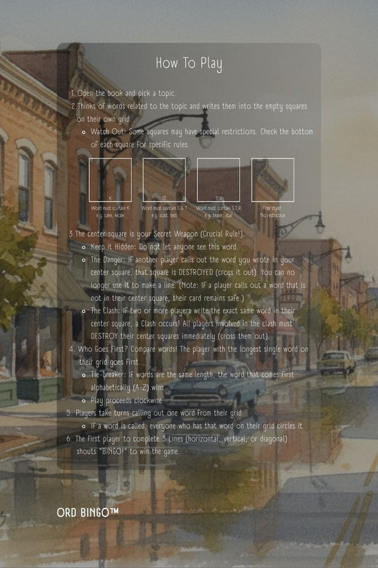 Bingo game interface with a town scene in the background