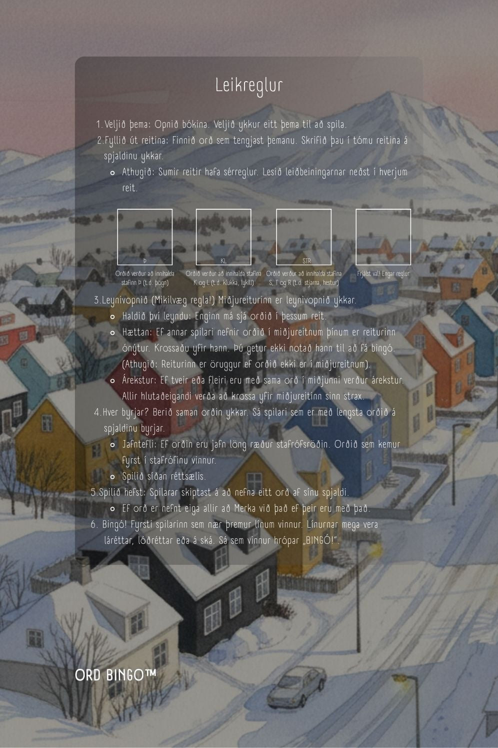 Winter scene with houses and text overlay for 'ORD BINGO' game