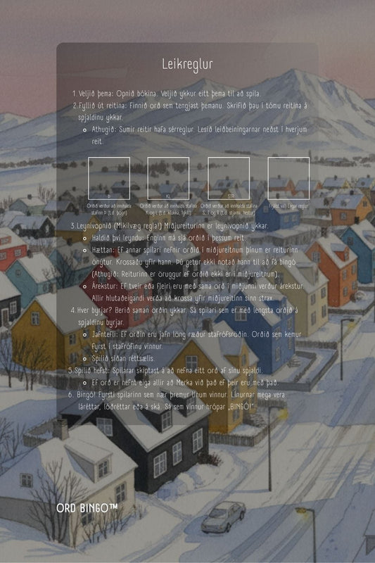 Winter scene with houses and text overlay for 'ORD BINGO' game