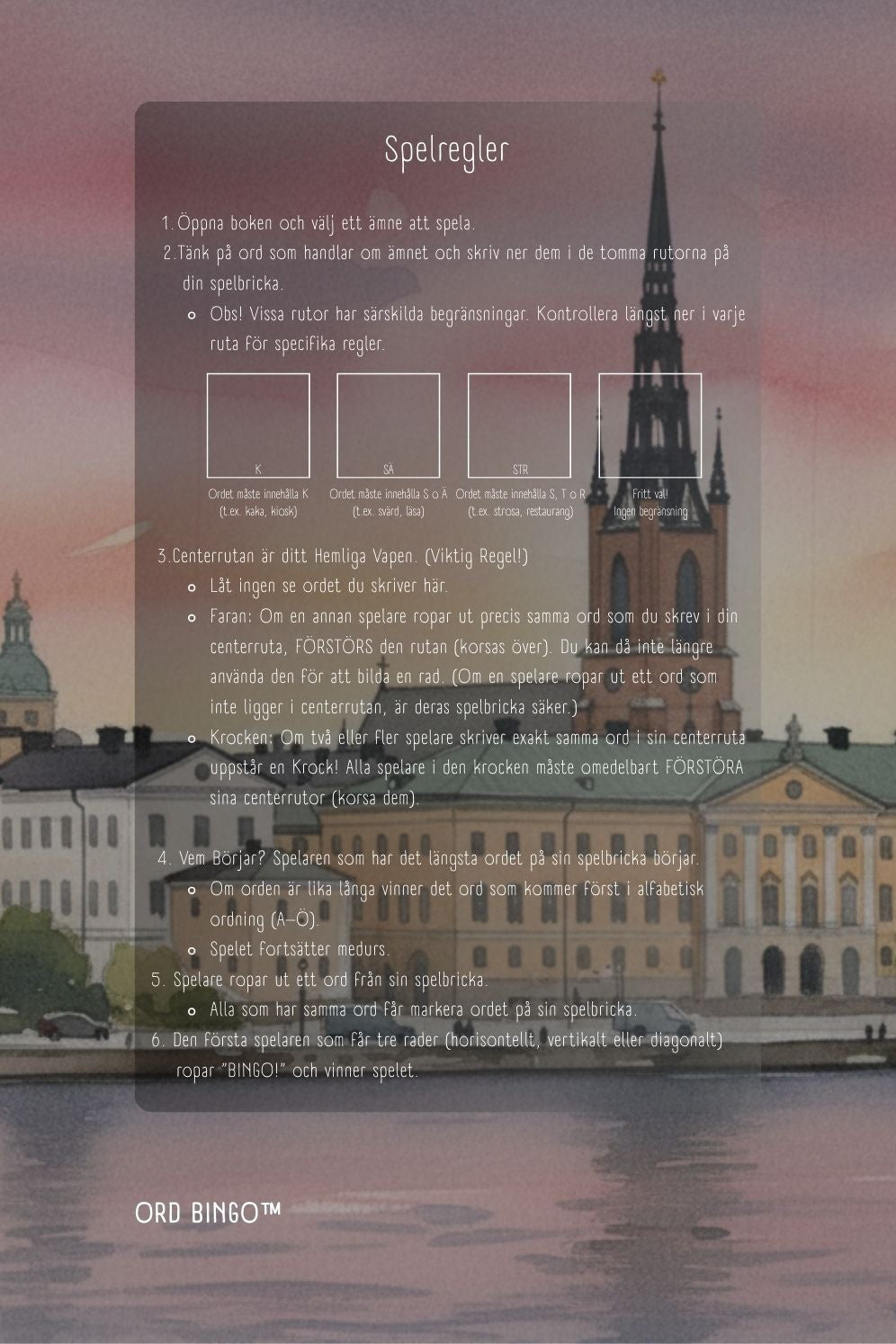 Screen with 'ORD BINGO' Swedish version interface over a cityscape background