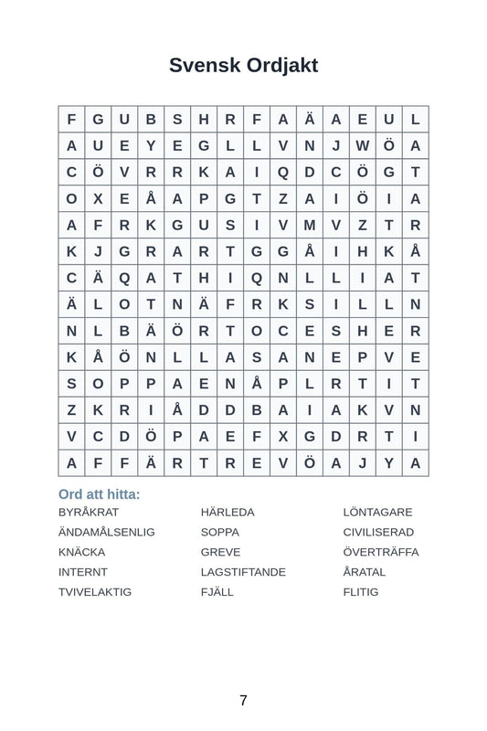 Word search puzzle titled 'Svensk Ordjakt' with answers on a white background
