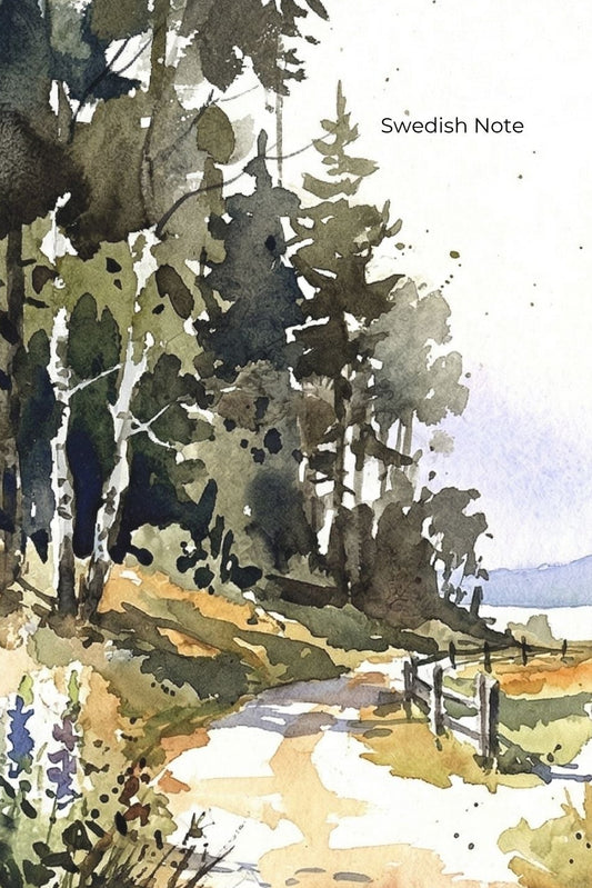 Painting of a red house in a forest with 'Expressions in Swedish Practice Book II' text.