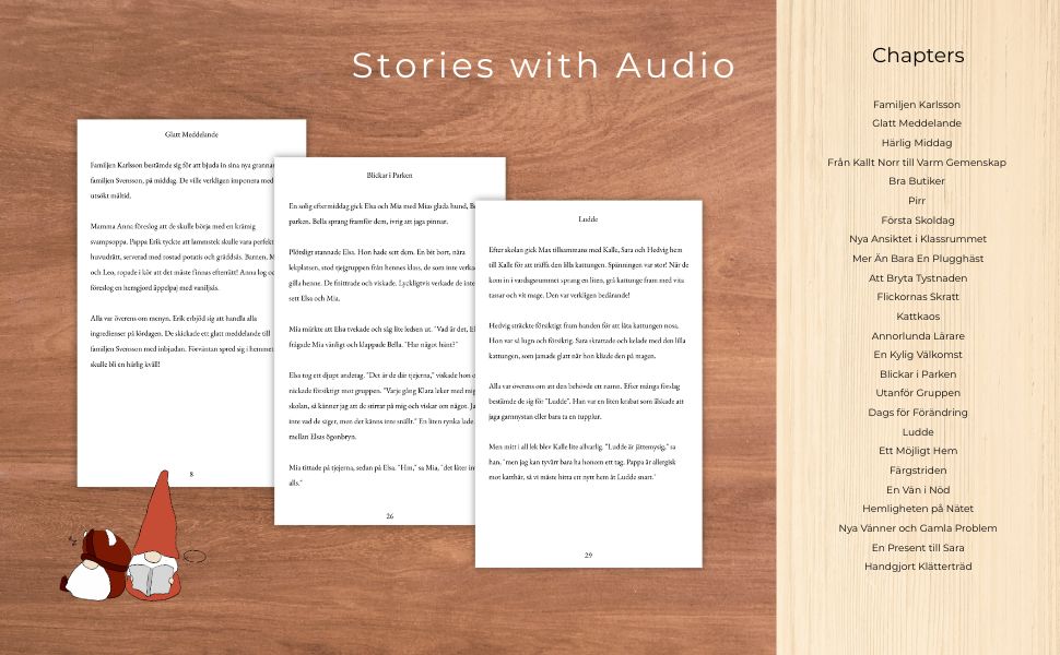 Text documents on a wooden surface with 'Stories with Audio' text above.