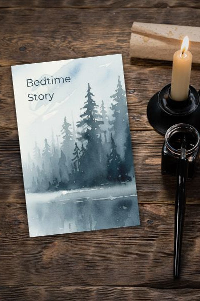 Book titled 'Bedtime Story' with a candle and notebook on a wooden surface