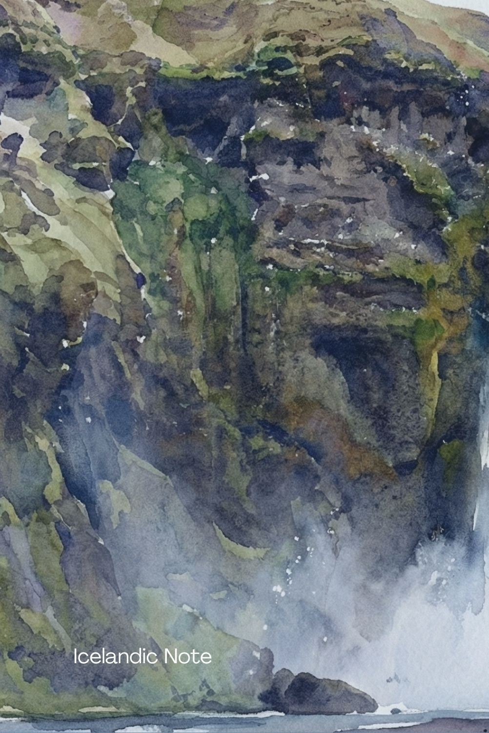 Book cover with watercolor illustration of a waterfall and text about Icelandic grammar tips.