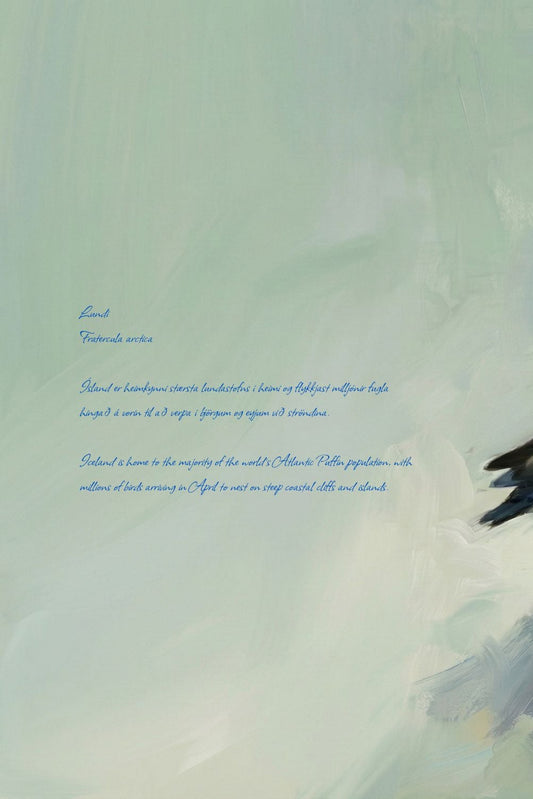 Painting of a puffin on a rock with a light green background