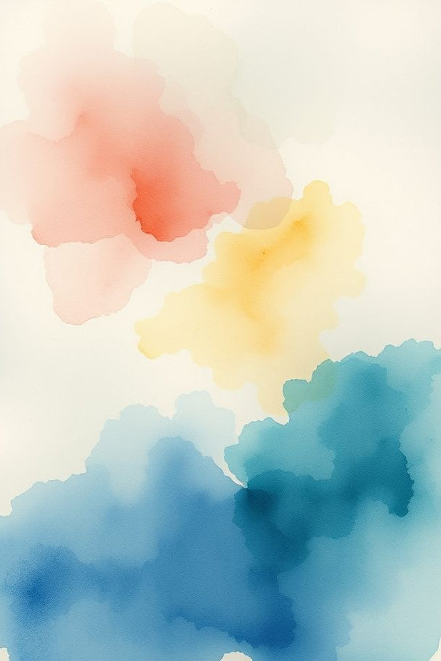 Abstract watercolor design with red, yellow, and blue on a light background
