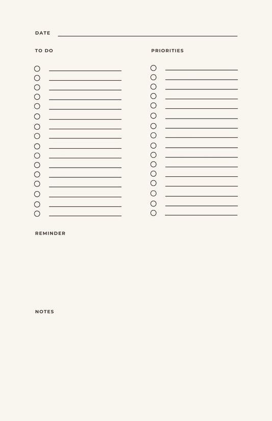 Minimalist planner template with sections for date, to-do list, priorities, reminder, and notes.