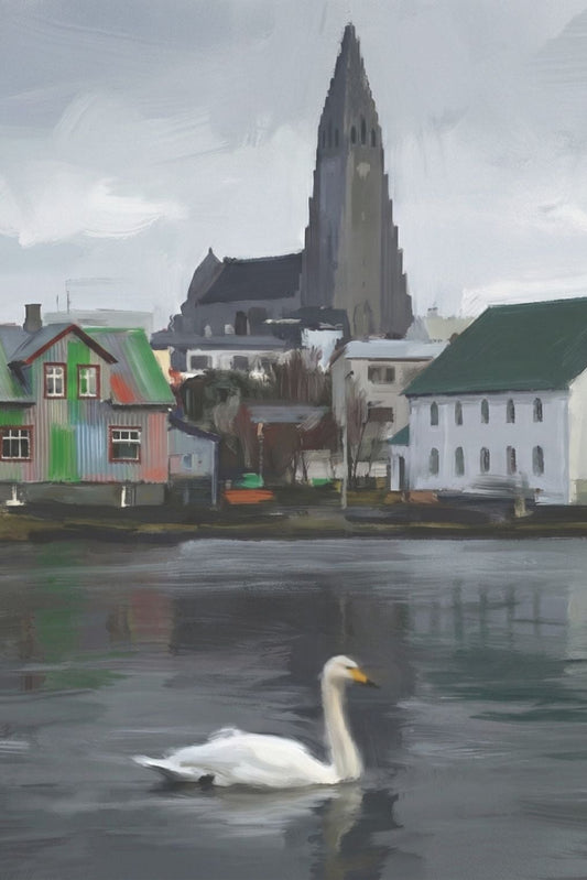 Book titled 'Icelandic Grammar Tips' with a scenic view of a town and church on water.