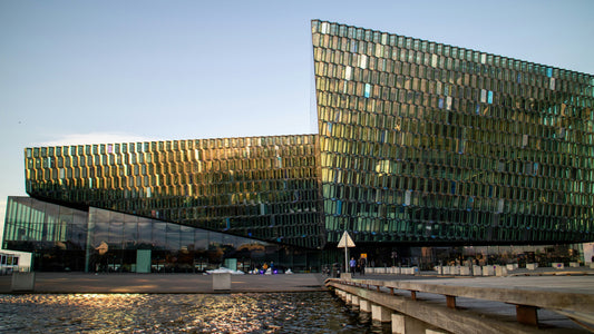 Harpa Concert Hall at Sunset - Modern, glass honeycomb concert hall