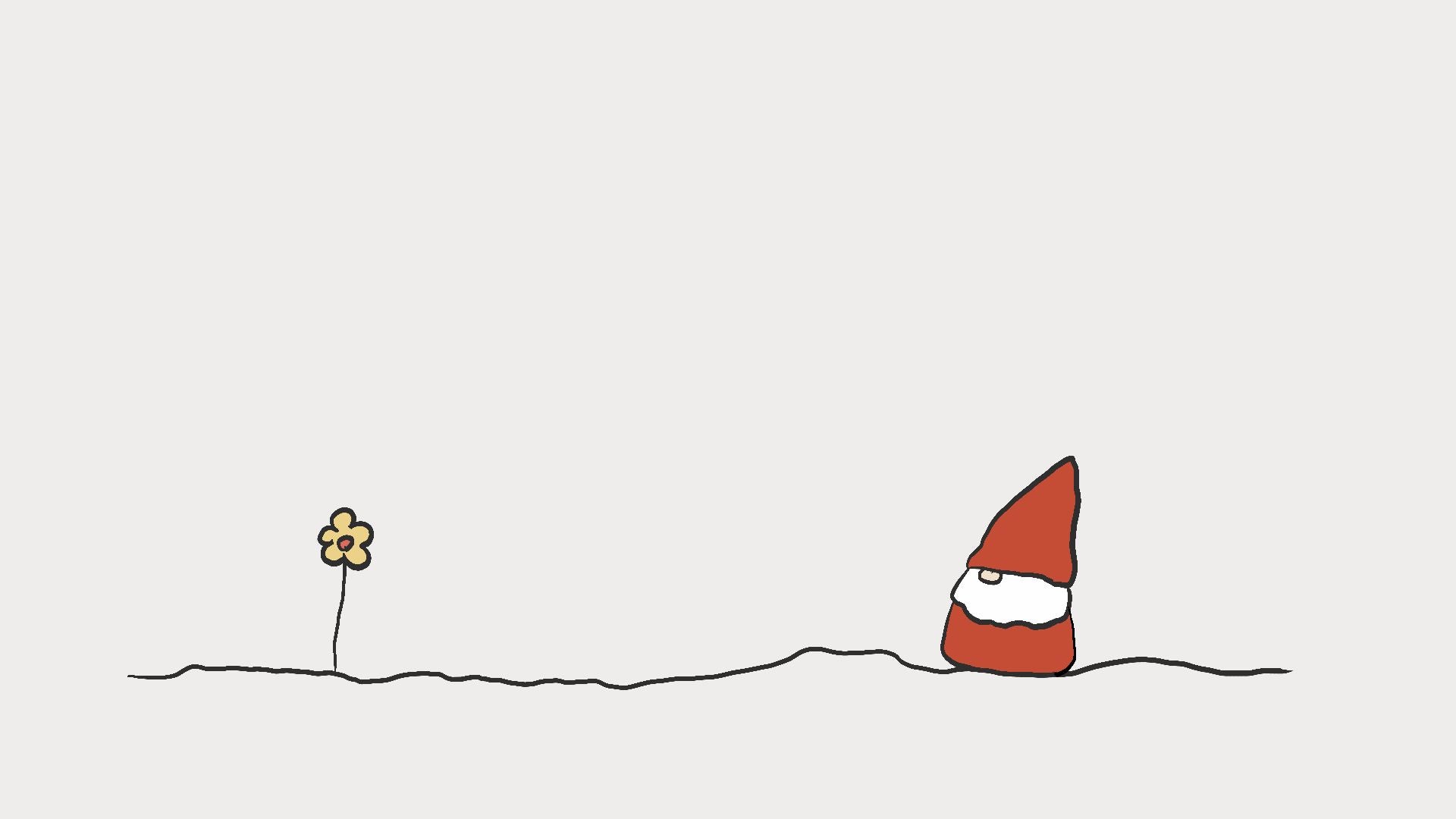 A minimalist line drawing of a small red gnome with a white beard on the right and a small yellow flower on the left, set against a light gray background.