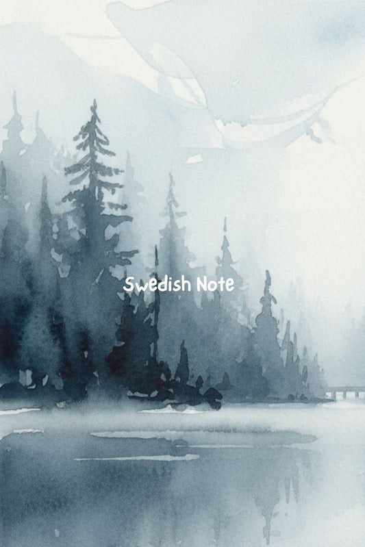 Watercolor painting of a forest with a lake, featuring the text 'Bedtime Story' and 'Swedish Note'.