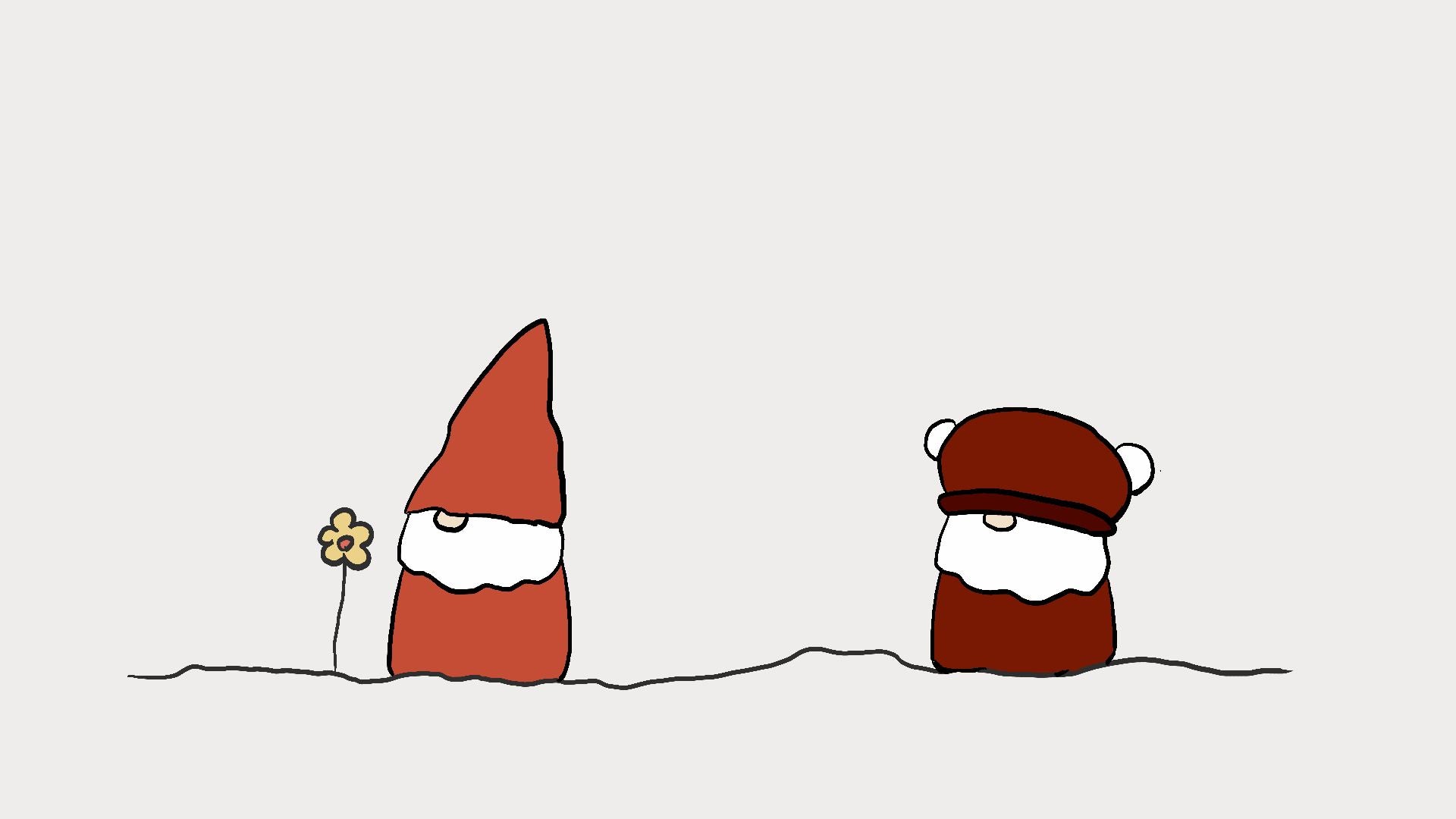 A minimalist line-art illustration of two small gnome-like figures on a light gray background. One figure wears a red hat and white beard and stands beside a small yellow flower.