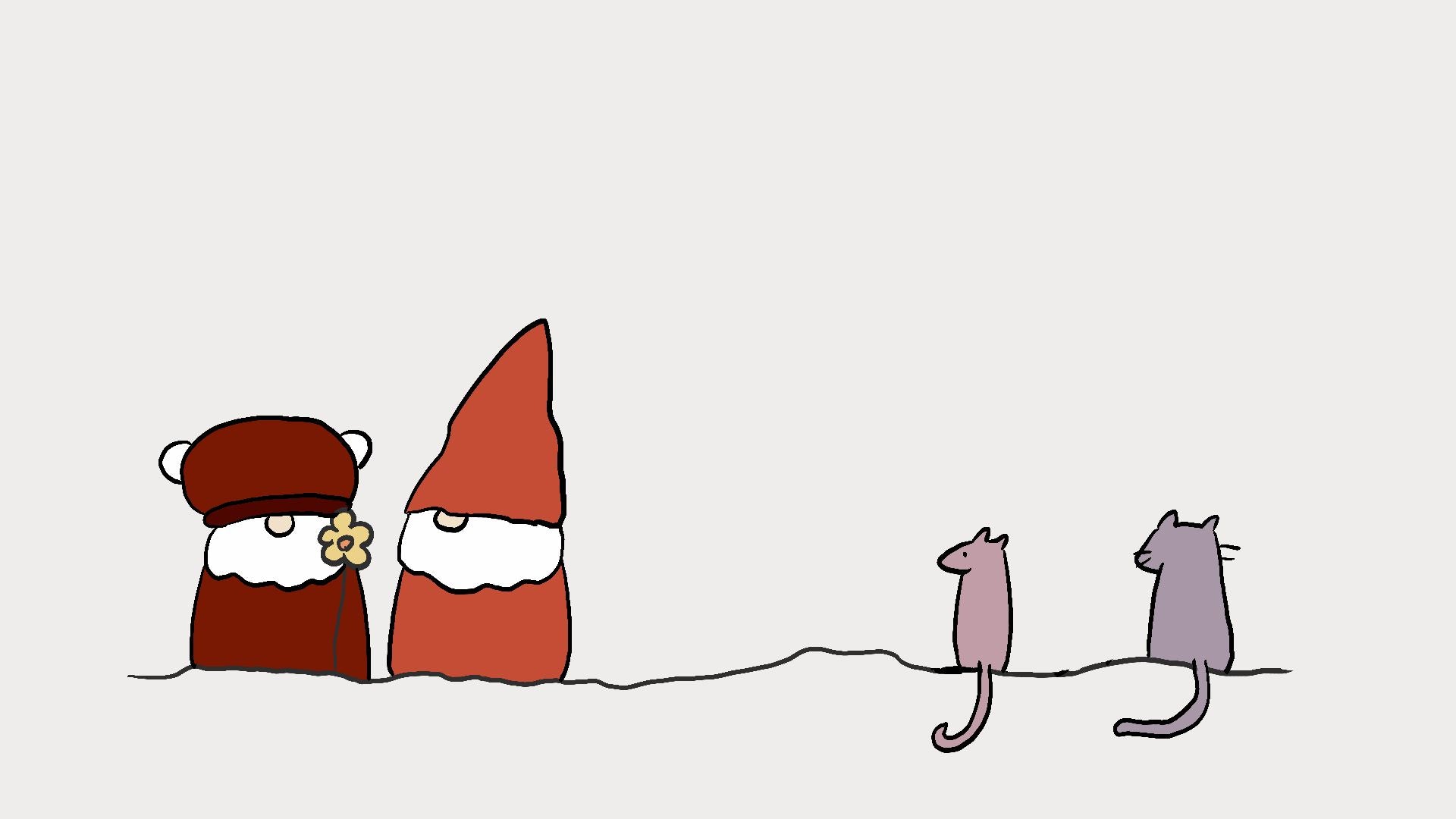 A minimalist line drawing on a light gray background showing two small gnomes on the left and two cats on the right, with a large solid brown rectangle obscuring the center of the artwork.
