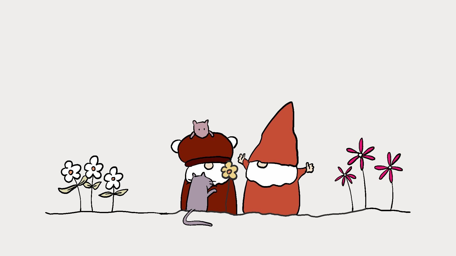 A minimalist line-art illustration of two garden gnomes with hats and beards, one in dark red and one in orange-red, standing among small flowers on a light gray background.