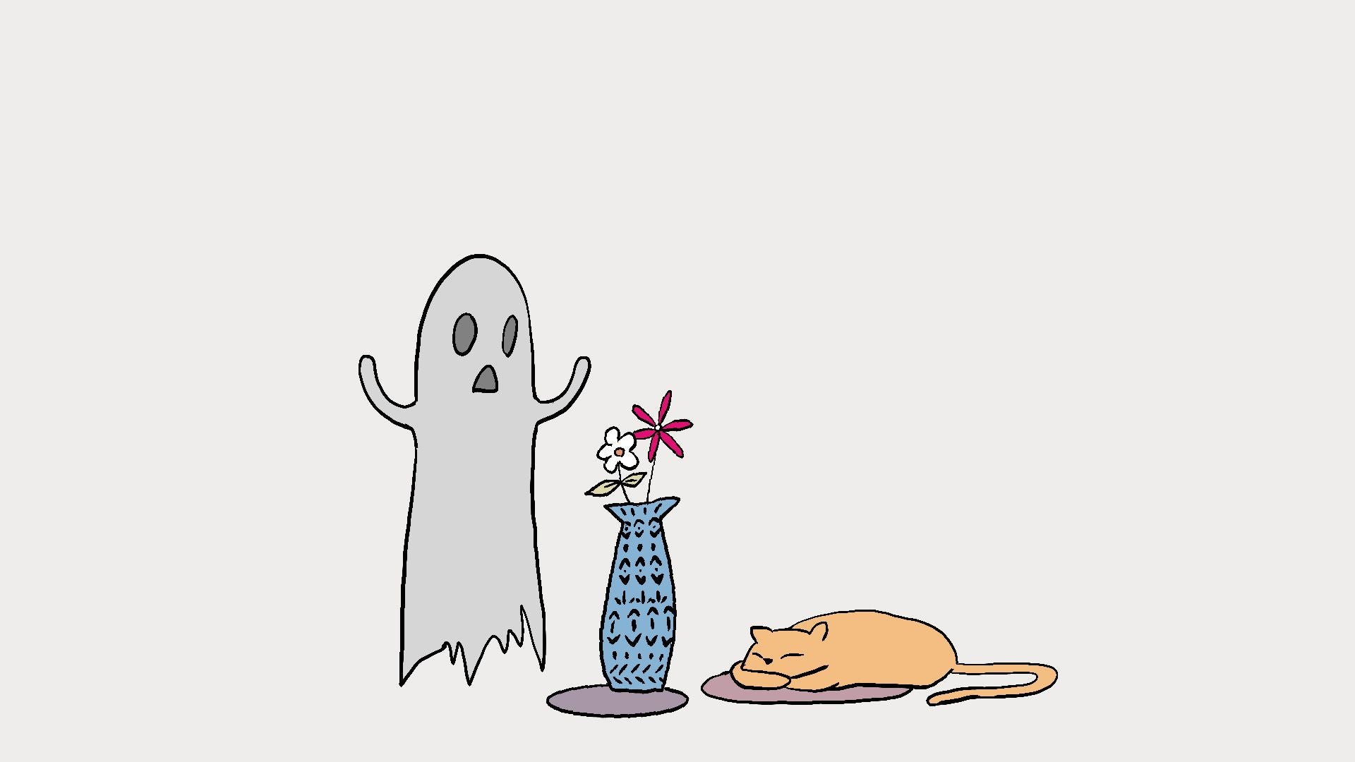 A minimalist line-art illustration on a light gray background featuring a ghost, a blue patterned vase with a flower, and a sleeping orange cat.