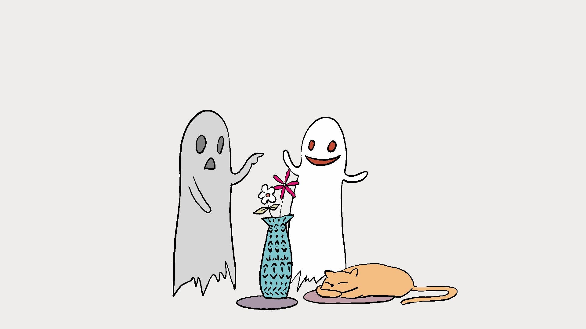 A minimalist cartoon illustration on a light gray background showing two ghost figures, one gray and one white, standing beside a blue patterned vase with flowers, next to a sleeping orange cat.