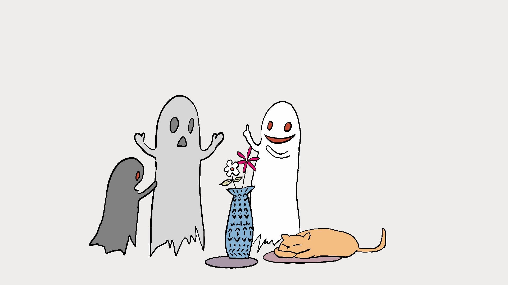 A minimalist cartoon illustration on a light gray background showing three ghost-like figures, a blue patterned vase with flowers, and a sleeping orange cat.