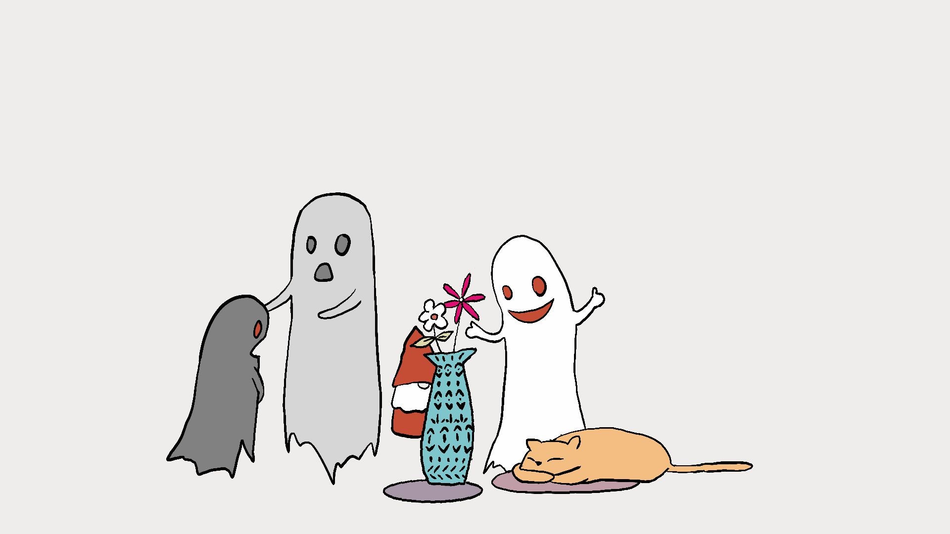 A minimalist cartoon illustration on a light gray background showing several ghost-like figures and small objects, including a gray ghost, a white smiling ghost, a dark ghost, a red-and-white striped item, a blue patterned vase with a pink flower, and an orange cat lying on a purple cushion.