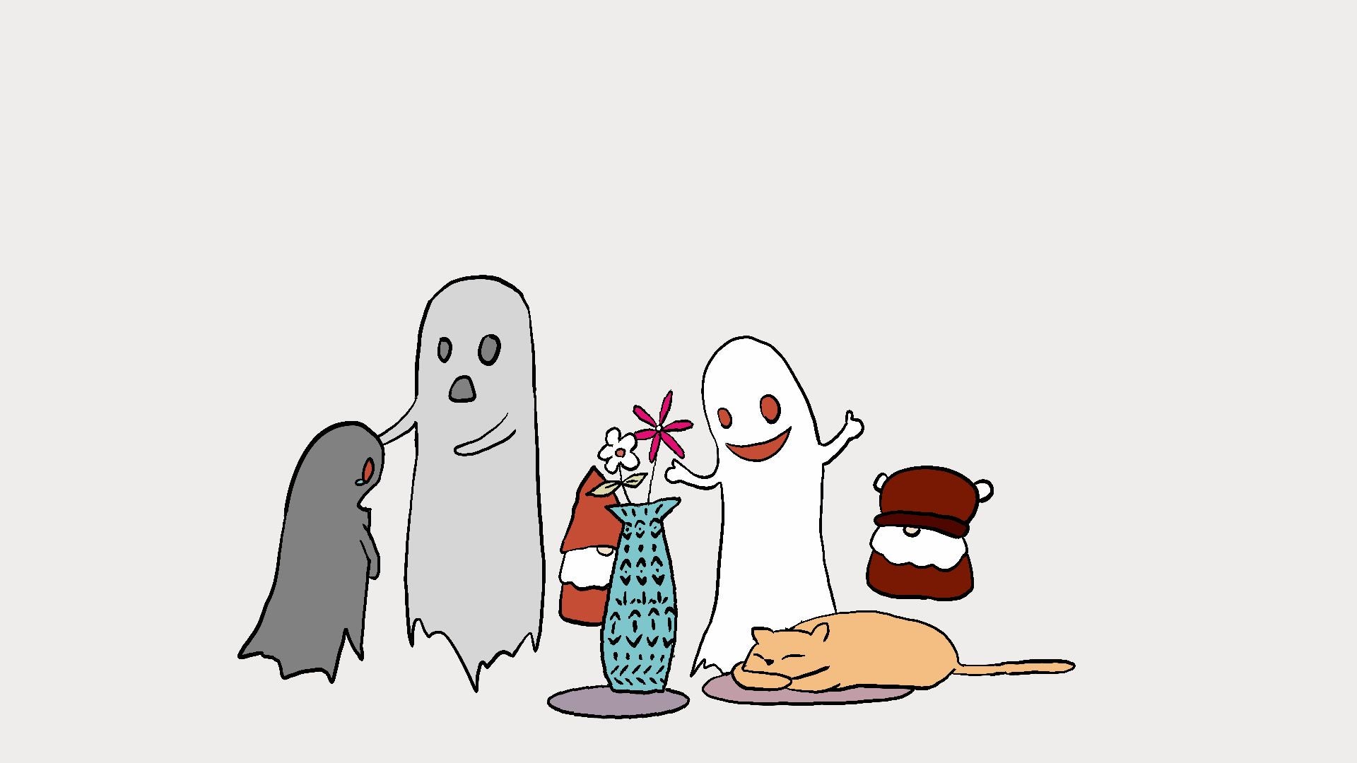 A minimalist cartoon illustration on a light gray background showing several ghost-like figures and small objects: a dark gray ghost, a tall white ghost, a red-and-white striped figure holding a blue patterned vase with a pink flower, a white ghost with red eyes, and a tan cat lying on a purple cushion.