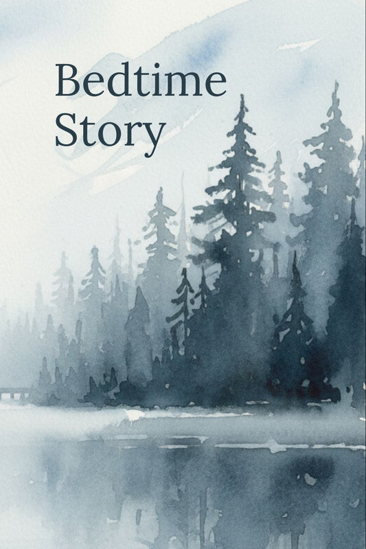 Watercolor painting of a forest with a lake and mountains, featuring the text 'Bedtime Story' and 'Swedish Note'.