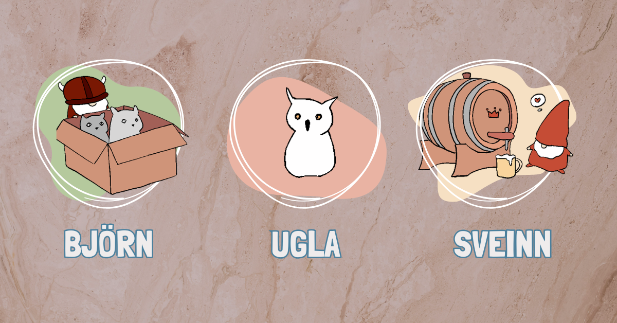 Illustrations of Björn, Ugla, and Sveinn with their names below on a brown background.