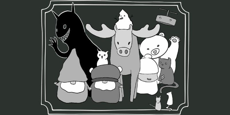 Black and white illustration of various cartoon characters in a decorative frame.