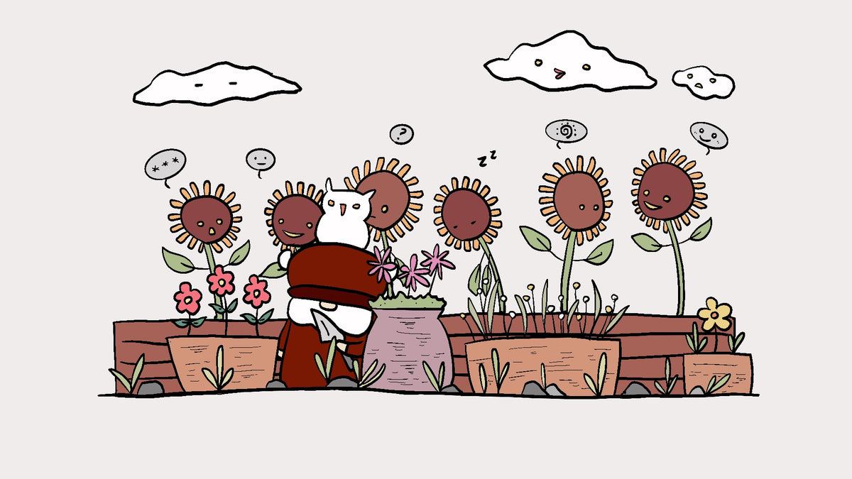 A hand-drawn illustration of Björn and ugla surrounded by smiling flowers, clouds.