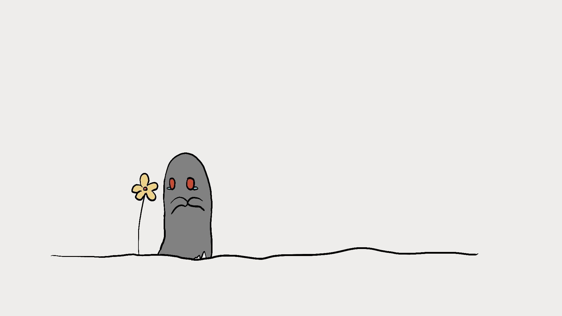 A minimalist line drawing on a light gray background showing a small gray rounded figure with red eyes and a sad expression, holding a small yellow flower above a simple black line.