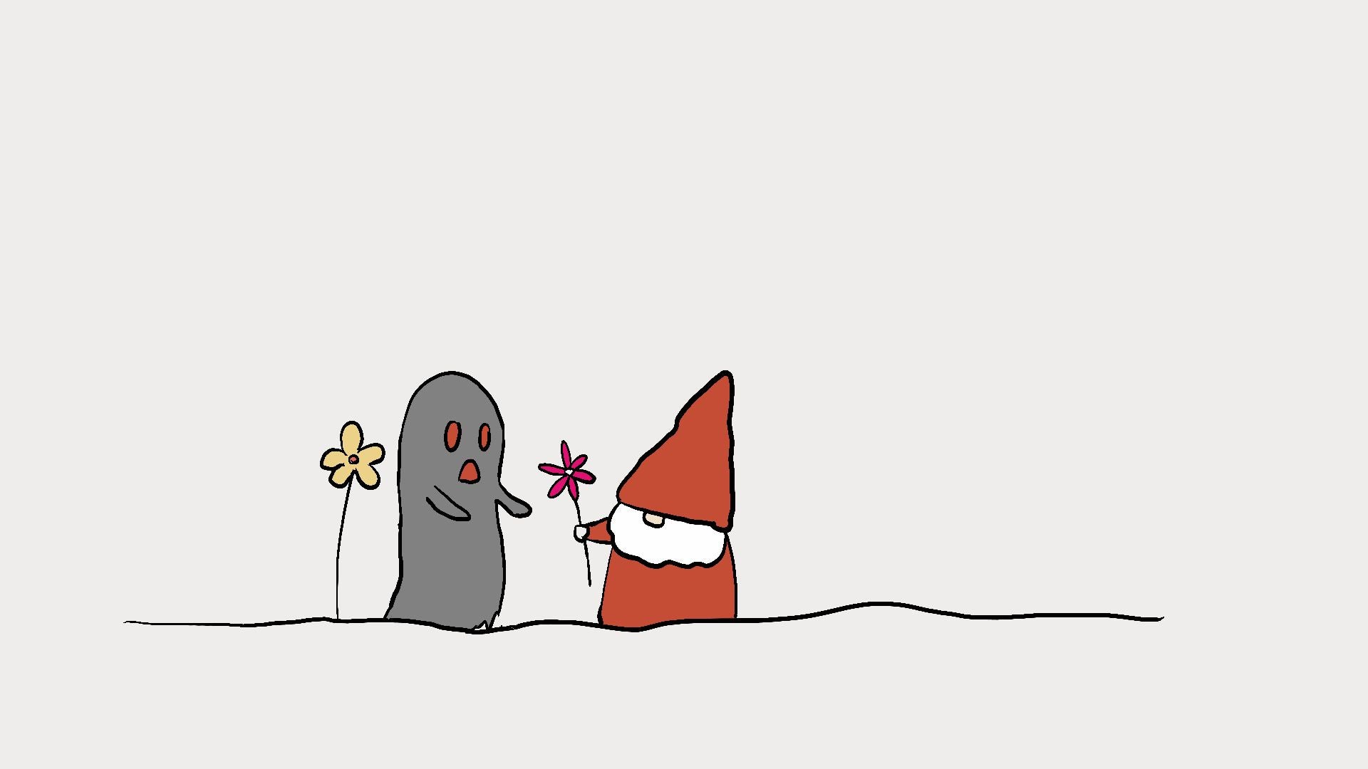 A minimalist line-art illustration on a light gray background showing two cartoon figures: a gray ghost-like character holding a yellow flower and Sveinn holding a pink flower.