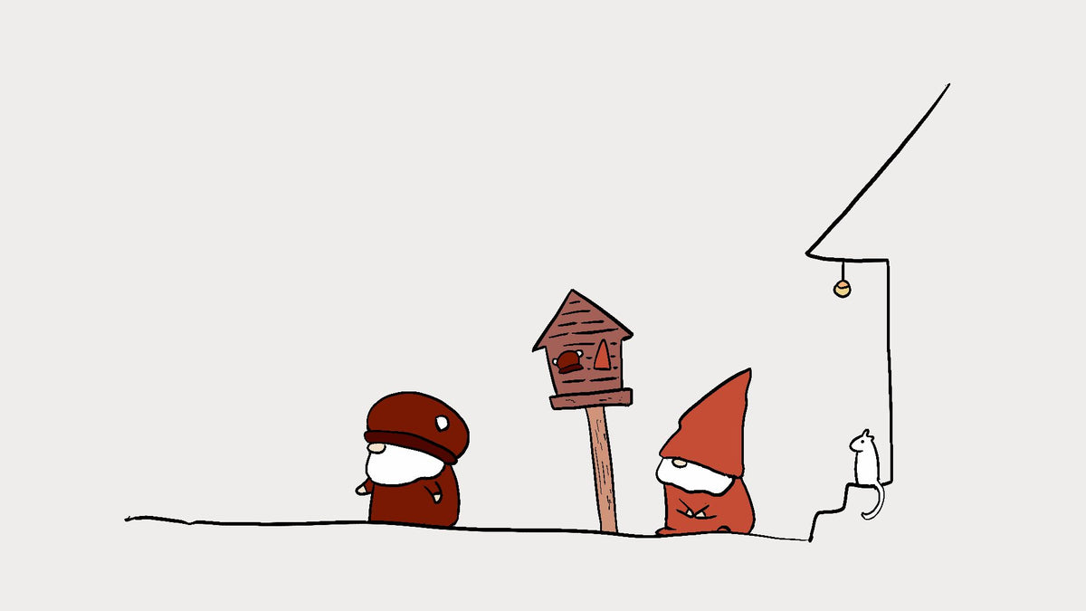 A minimalist line-art illustration on a light gray background showing Sveinn and Björn, a white mouse, a hanging bell, and a simple house outline.