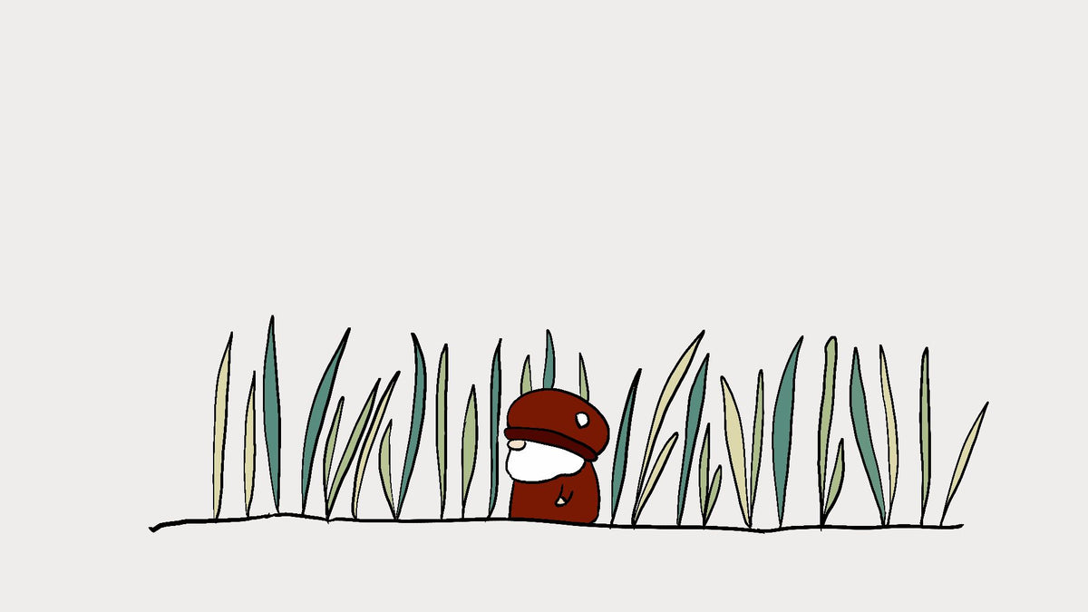 A minimalist line-art illustration of a Björn walking through a row of green and beige blades of grass.