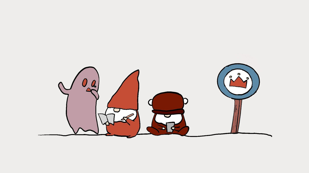 A minimalist cartoon illustration on a light gray background showing three small characters and a blue sign with a red crown. The leftmost figure is pale pink-lilac, the middle figure wears a red pointed hat and holds a book, and the rightmost figure is dark brown wearing a brown hat and looking at a phone.