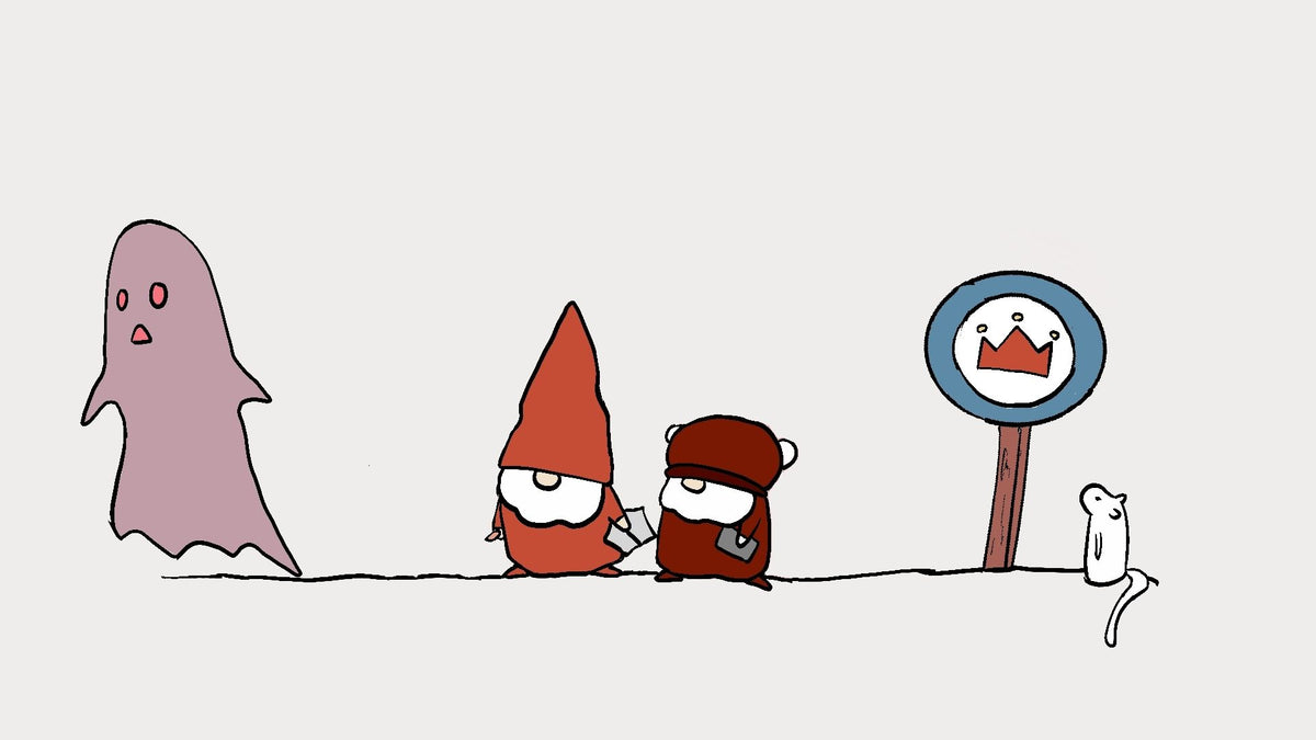 A minimalist cartoon illustration on a light gray background showing a pink ghost, two small kids in red and brown, a blue sign with a red crown, and a small white mouse.