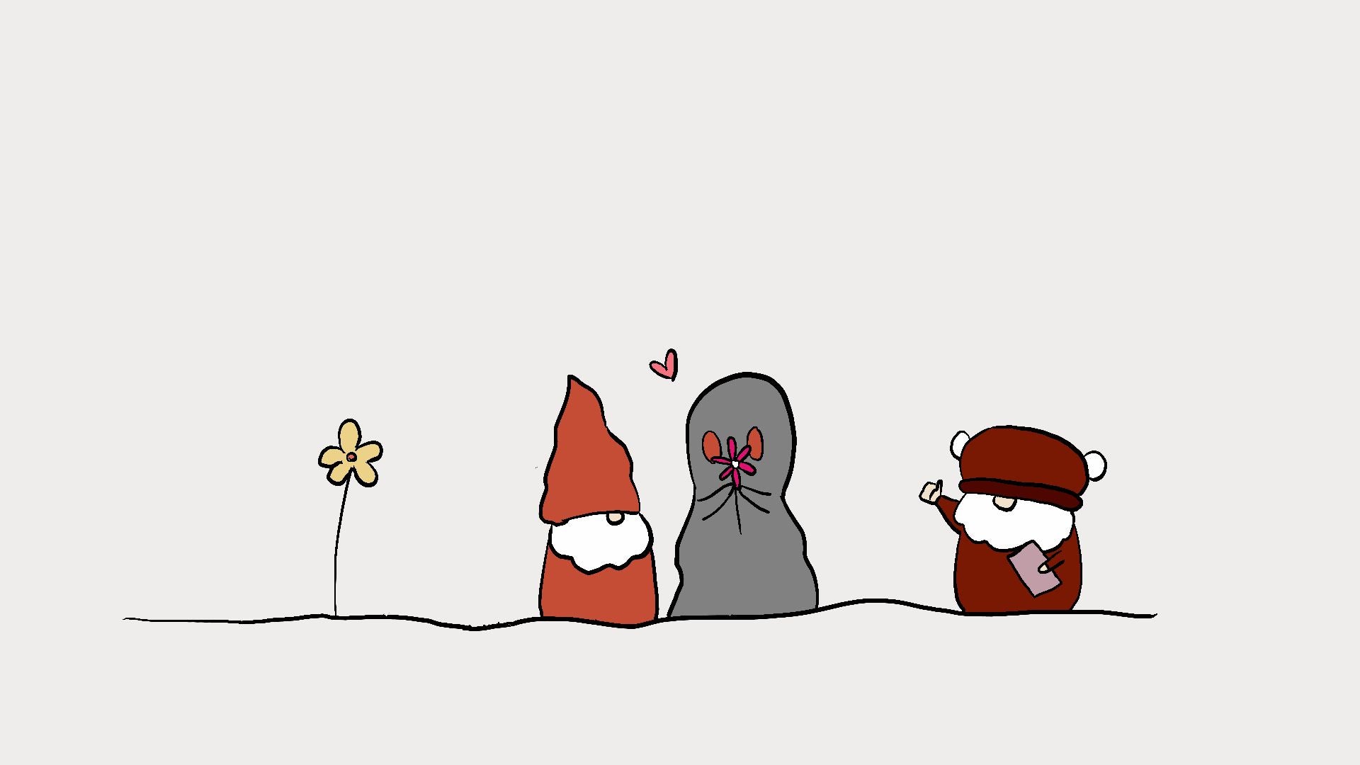 A minimalist line drawing on a light gray background showing three small cartoon figures: a yellow flower on the left, a red gnome-like figure in the center-left, a gray stone-like figure with a red bow in the center-right, and a brown bear-like figure on the right holding a small pink object.