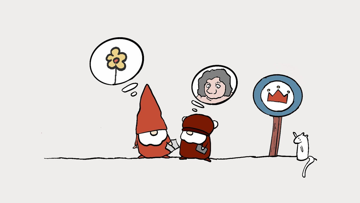 A minimalist hand-drawn illustration on a light gray background showing two small kid-like figures, one red and one dark red, with thought bubbles containing a flower and a face. A blue sign with a red crown stands to the right, and a small white mouse is drawn at the bottom right.