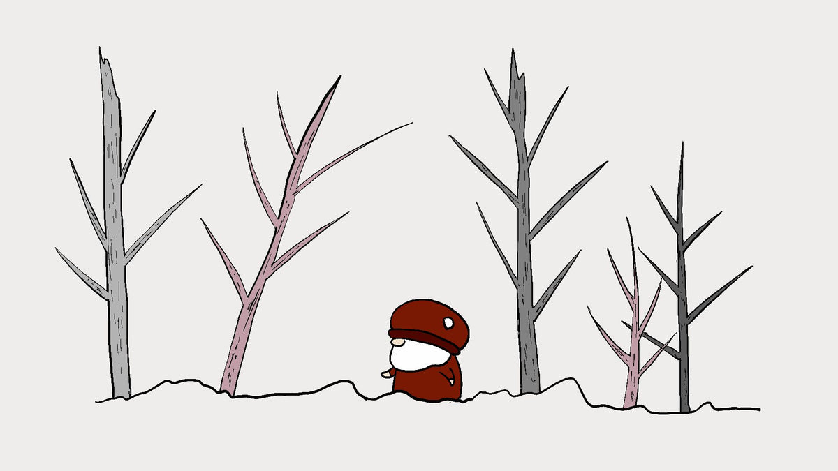 A minimalist line-art illustration of Björn in a brown hooded outfit standing in a snowy landscape among bare trees.