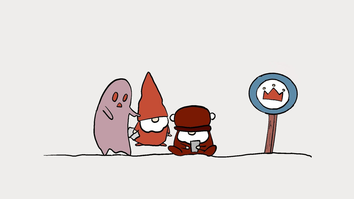 A minimalist cartoon illustration on a light gray background showing three small ghost-like characters and a sign with a crown. The central figure wears a red pointed hat and white glasses, while the figure on the right wears a brown hat and holding a phone.