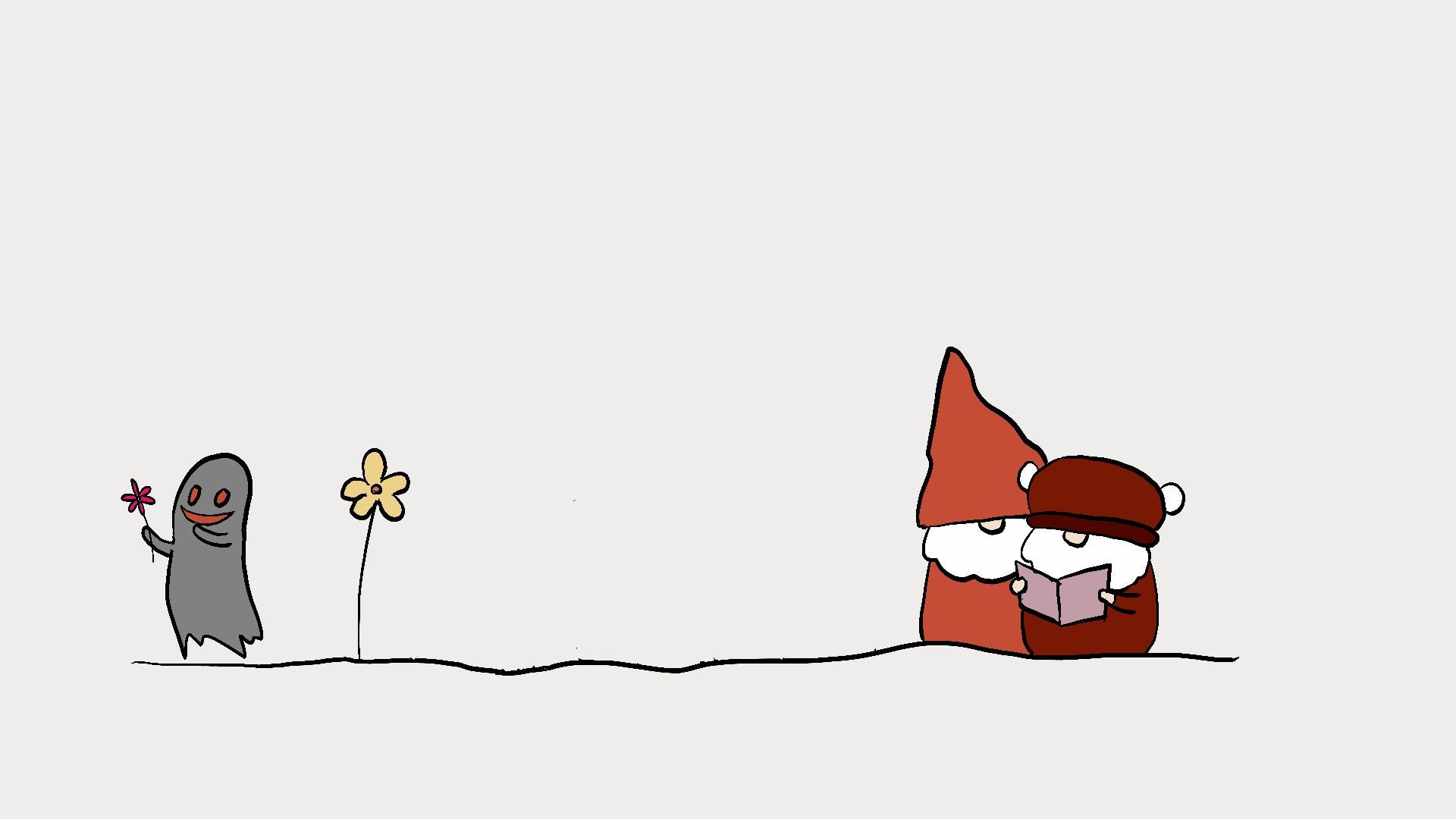 A minimalist cartoon illustration on a light gray background showing a small gray ghost-like figure holding a pink flower on the left and a red gnome reading a book on the right.