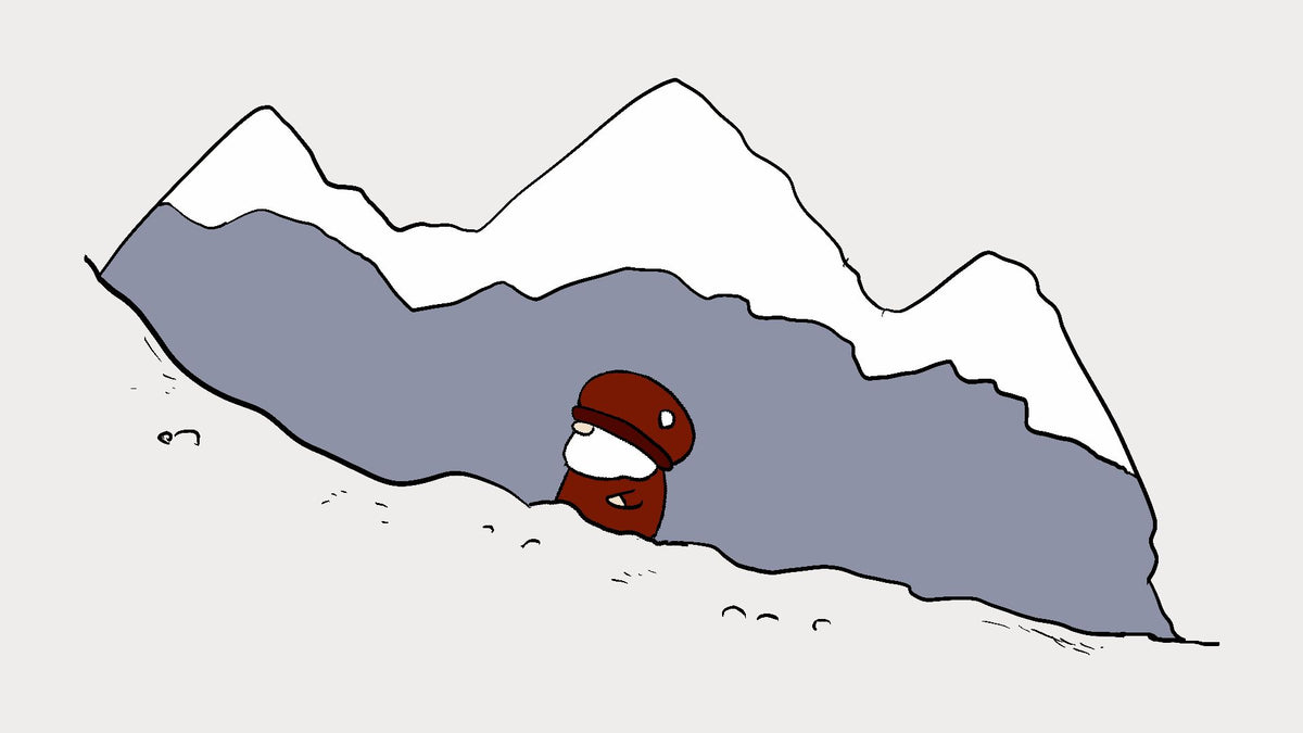 A minimalist line-art illustration of a snowy mountain landscape with Björn walking in the snow in front of the mountains.