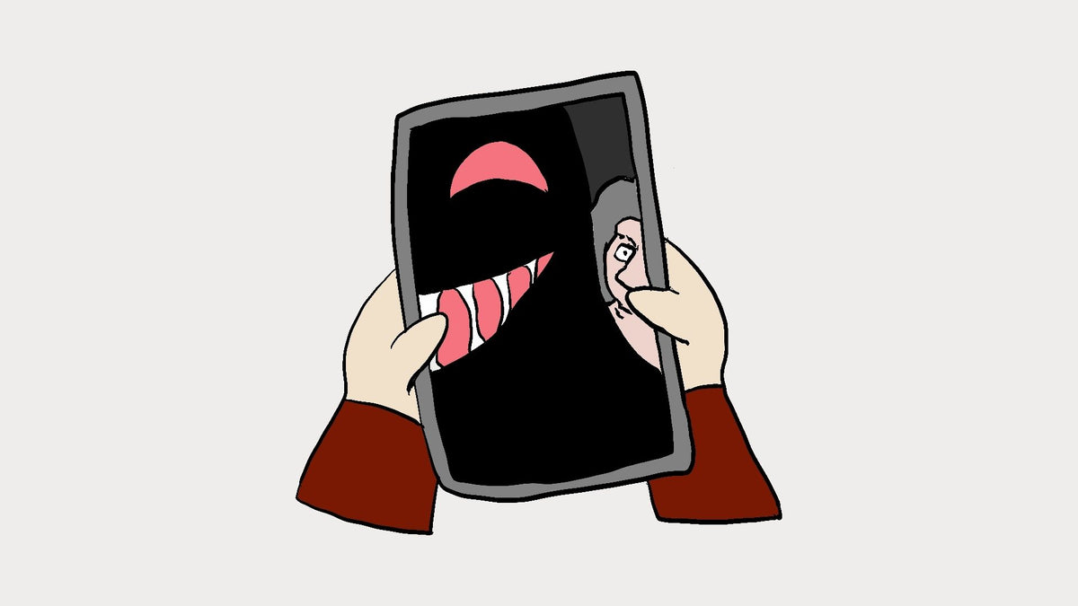 A stylized illustration of a person holding a phone with a black screen showing a pink mouth and teeth graphic, with hands and red sleeves visible against a light gray background.