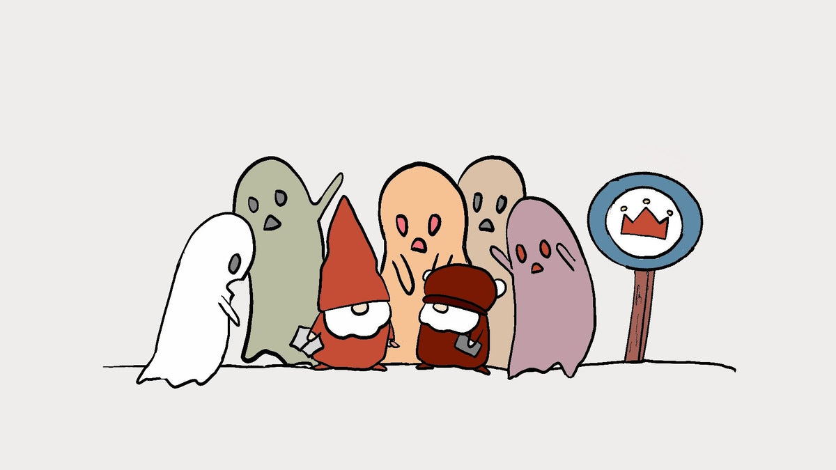 A minimalist cartoon illustration of several ghost-like figures and a gnome standing together on a plain light gray background, with a round sign showing a crowned face on the right.