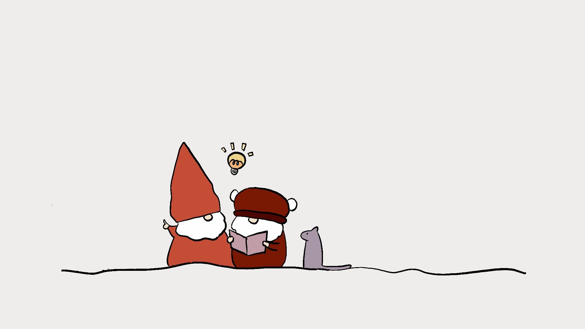 A minimalist line-art illustration on a light gray background showing two small gnomes reading a book, with one gnome in red and one in brown, plus a small gray mice and a lightbulb above them.