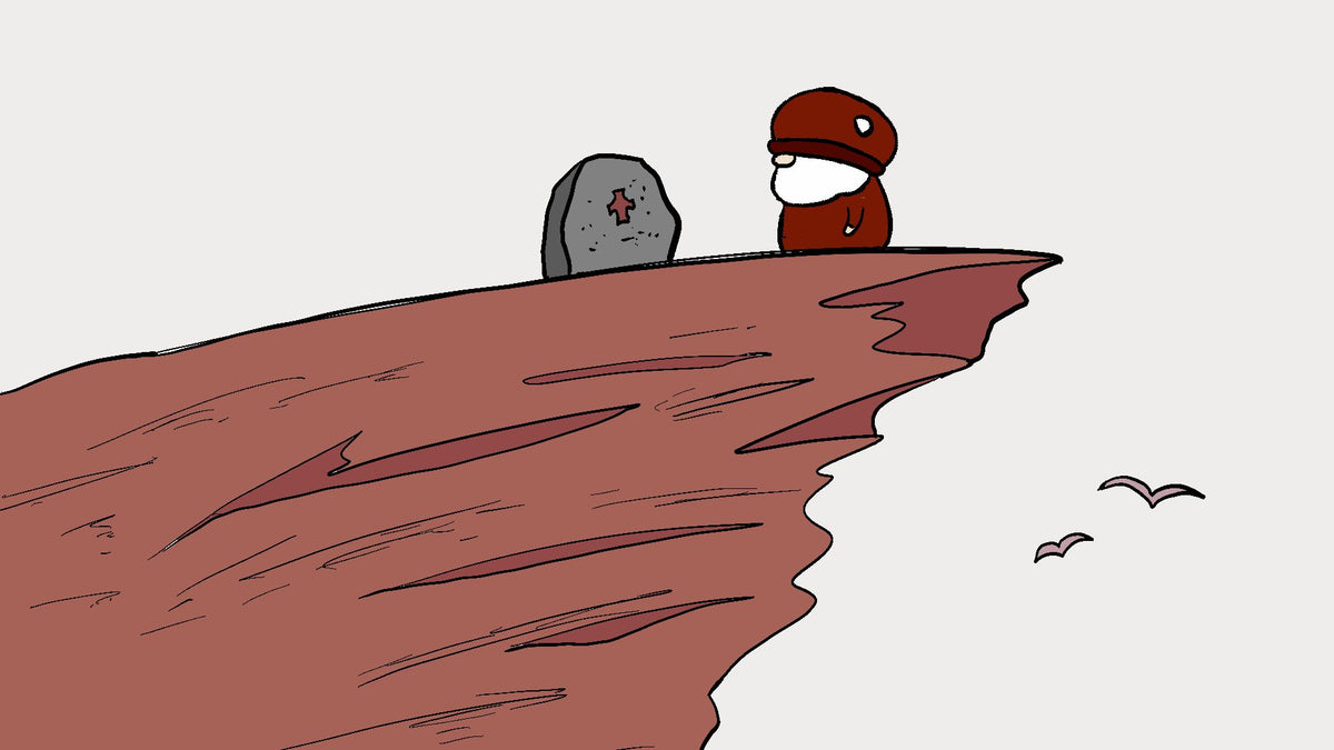 A minimalist cartoon illustration Björn standing on a reddish cliff edge next to a gray stone with a red cross, with two birds in the white sky.
