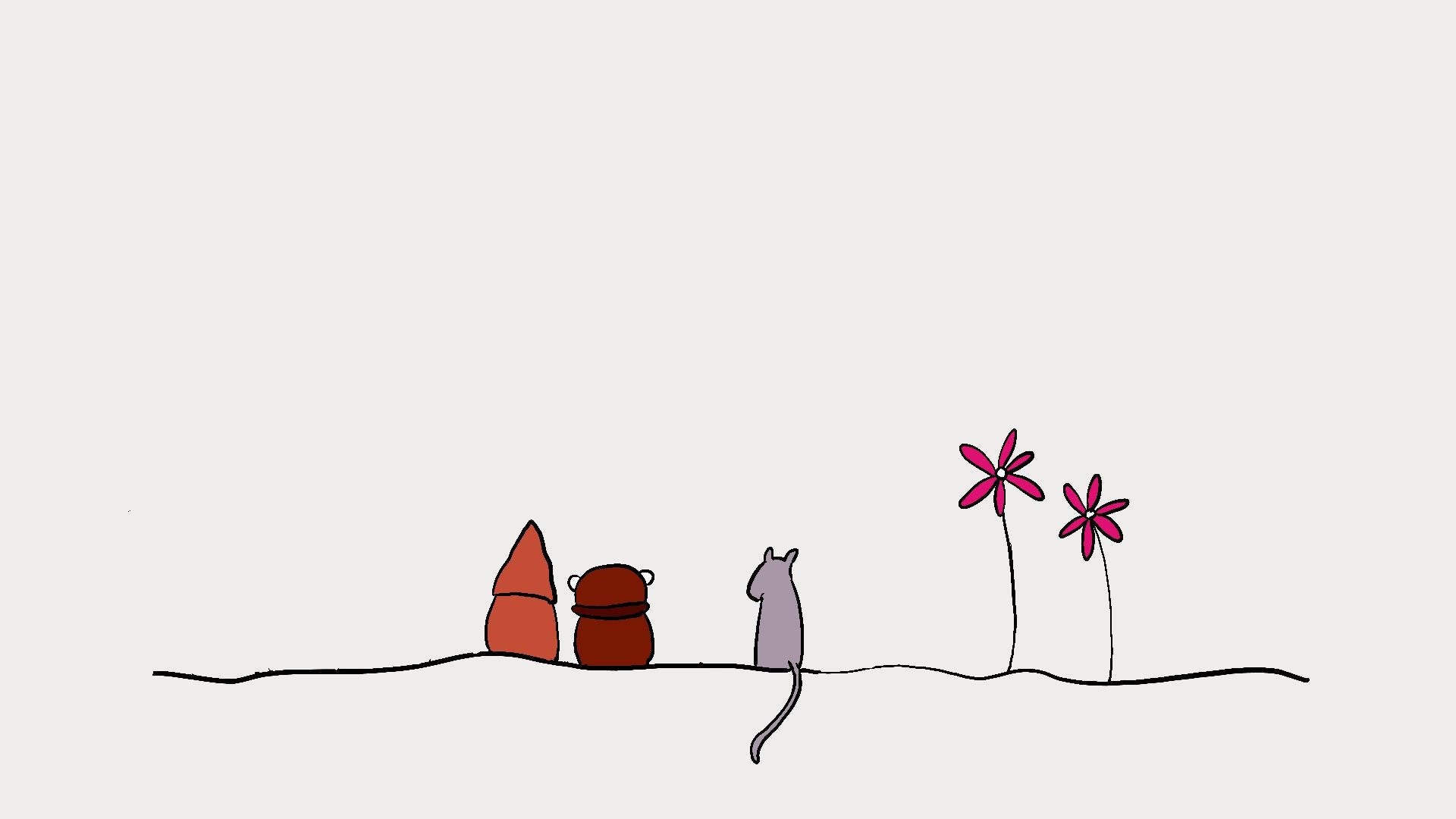 A minimalist line drawing on a light gray background showing Sveinn, Björn, a gray mice, and two pink flowers.