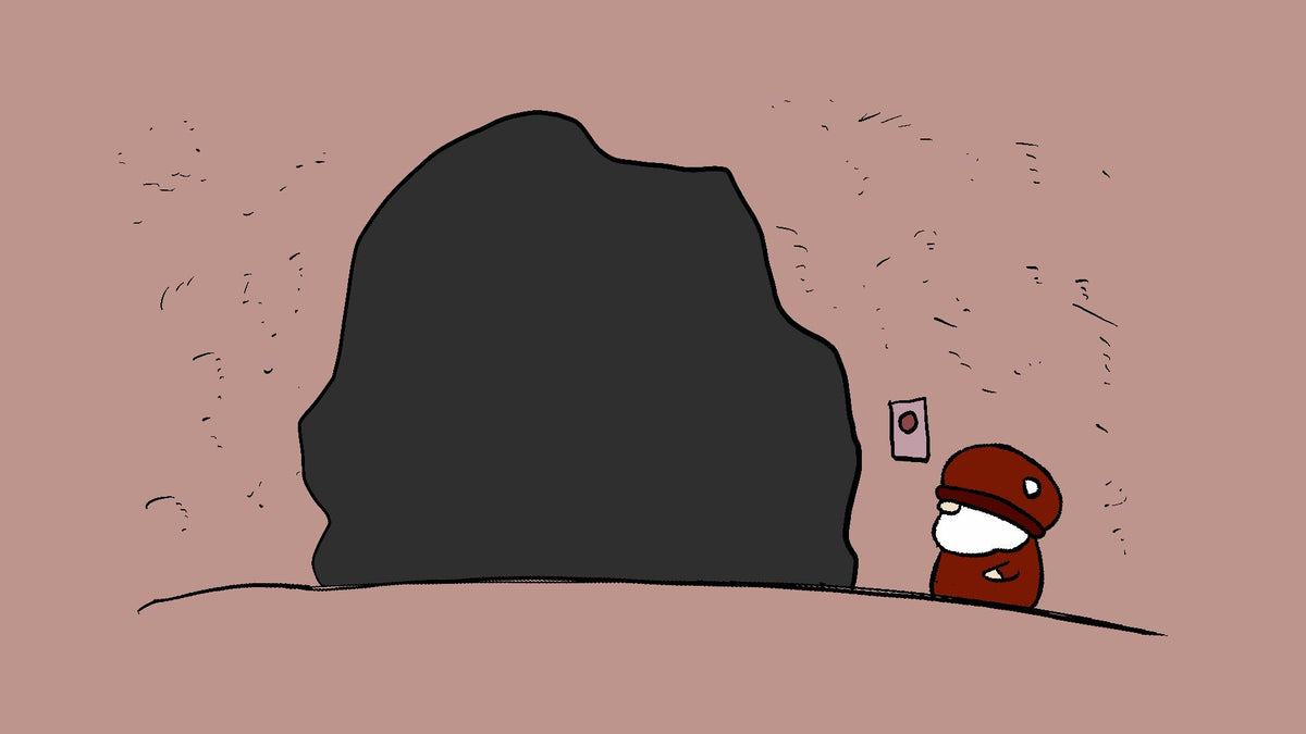 A minimalist cartoon illustration showing a large dark gray rock or cave shape on a dusty pink background, with Björn standing at the base and a small square doorbell near the cave opening.
